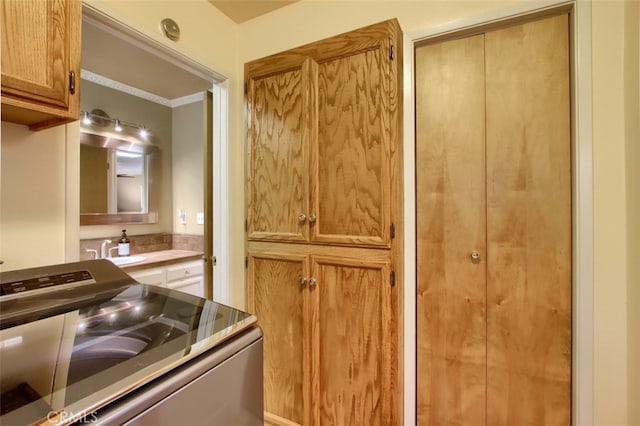 36555 Mudge Ranch Rd, Coarsegold, CA 93614 - bathroom featuring a sink and washer / dryer