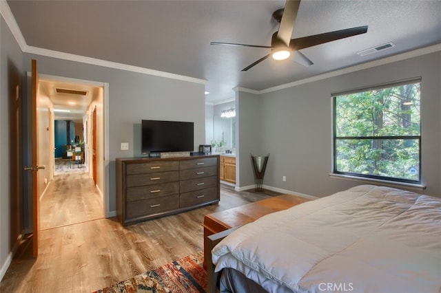 36555 Mudge Ranch Rd, Coarsegold, CA 93614 - bedroom featuring light wood finished floors, crown molding, and a ceiling fan