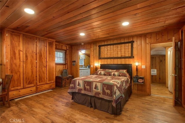 36555 Mudge Ranch Rd, Coarsegold, CA 93614 - bedroom featuring light wood-style floors, wood walls, recessed lighting, and wooden ceiling
