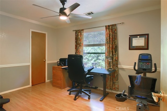 36555 Mudge Ranch Rd, Coarsegold, CA 93614 - office featuring light wood finished floors, crown molding, and ceiling fan