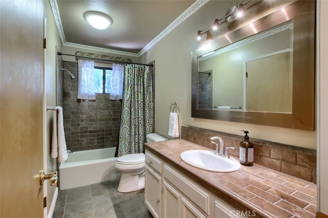 36555 Mudge Ranch Rd, Coarsegold, CA 93614 - full bathroom with vanity, shower / bath combination with curtain, crown molding, tasteful backsplash, and tile patterned floors