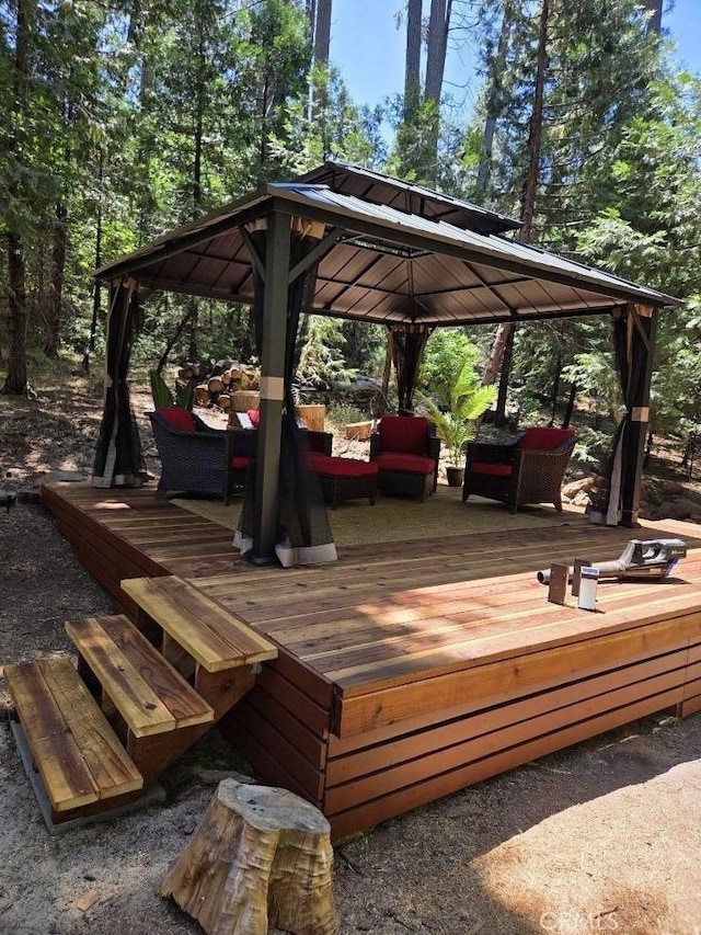 36555 Mudge Ranch Rd, Coarsegold, CA 93614 - wooden terrace featuring a gazebo and an outdoor living space