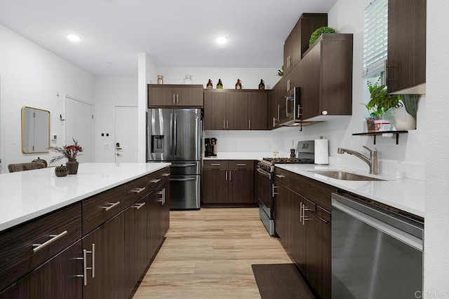 kitchen featuring light hardwood / wood-style floors, dark brown cabinets, stainless steel appliances, and sink