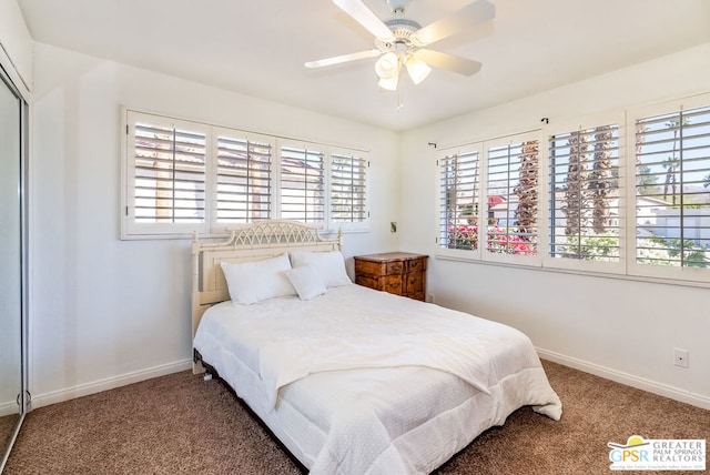 carpeted bedroom featuring ceiling fan