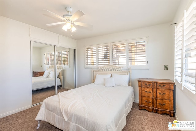 bedroom with ceiling fan, a closet, and carpet floors