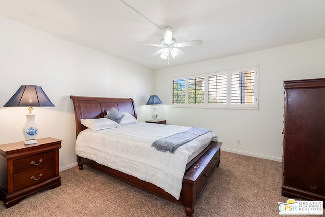 bedroom featuring light carpet and ceiling fan