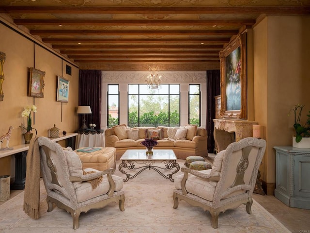 sitting room with beam ceiling and a notable chandelier