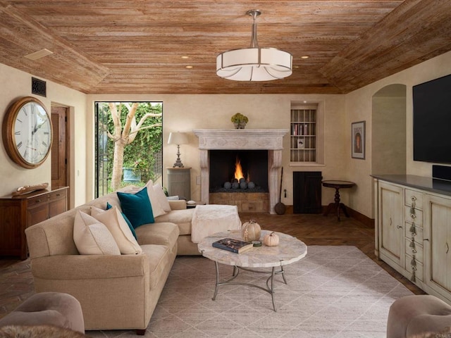 living room with wooden ceiling