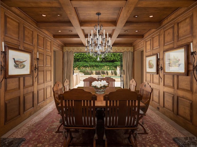 dining area with wood walls, wood ceiling, and coffered ceiling