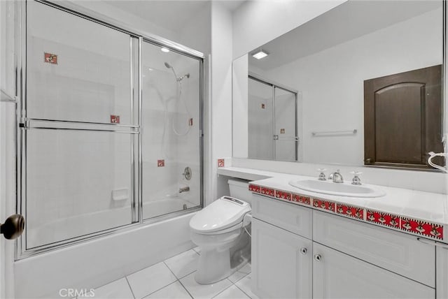 full bathroom with tile patterned flooring, vanity, enclosed tub / shower combo, and toilet