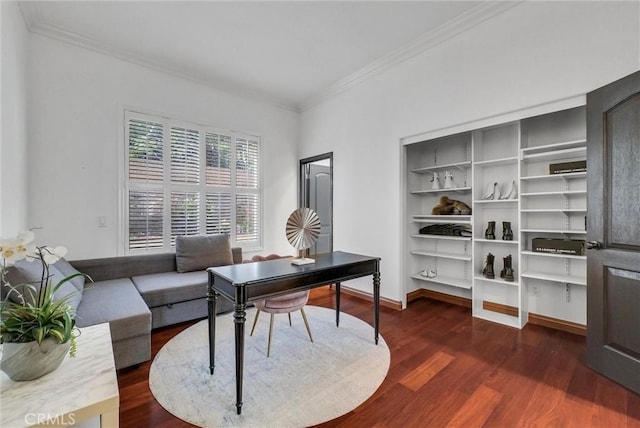 office space with crown molding and dark wood-type flooring