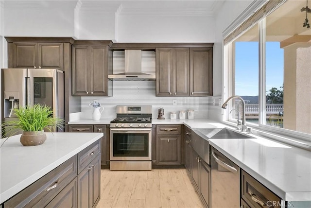 kitchen featuring appliances with stainless steel finishes, wall chimney exhaust hood, dark brown cabinets, crown molding, and sink