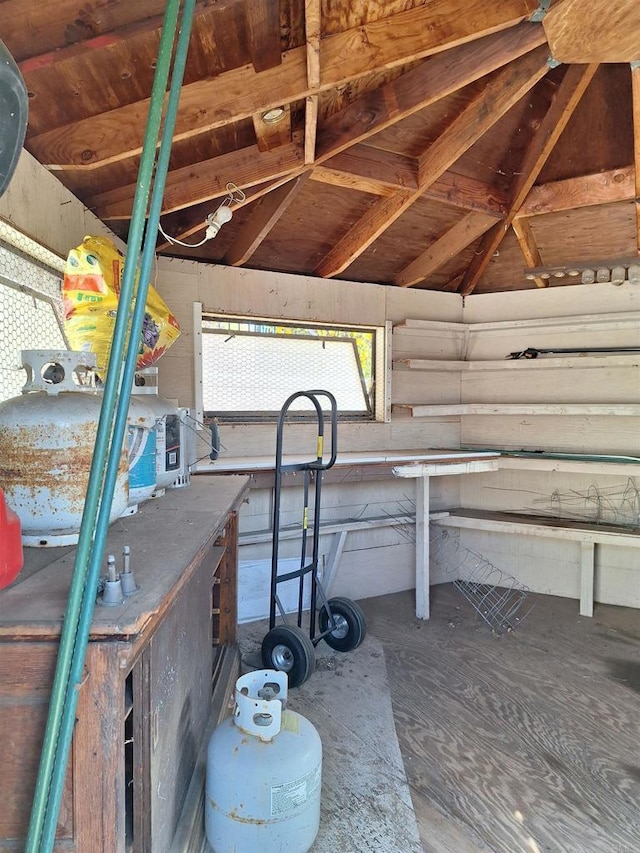 miscellaneous room featuring a workshop area and lofted ceiling