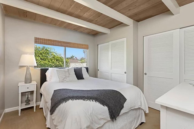 bedroom featuring hardwood / wood-style flooring, wooden ceiling, and beam ceiling