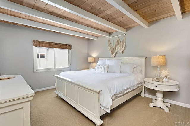 bedroom featuring light carpet, wood ceiling, and beam ceiling