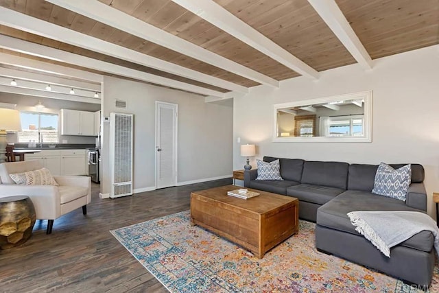 living room with wooden ceiling, beam ceiling, and dark hardwood / wood-style floors