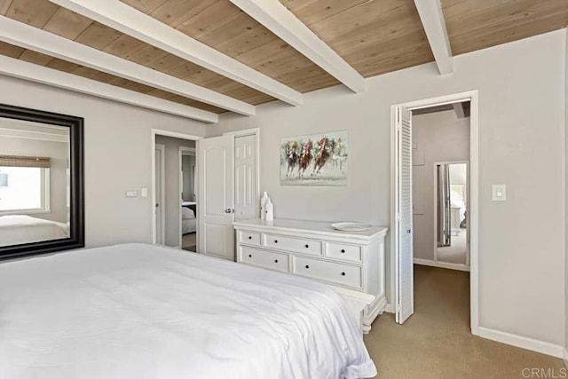 carpeted bedroom with wooden ceiling and beamed ceiling