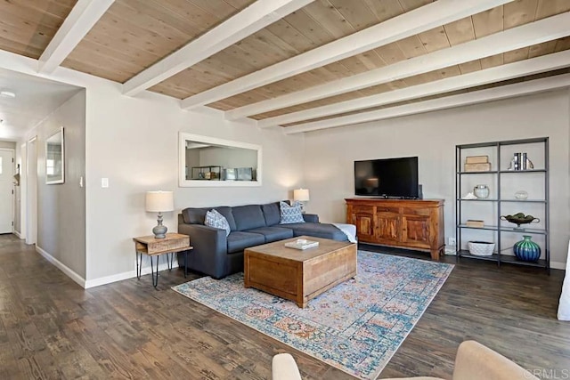 living room with wooden ceiling, dark hardwood / wood-style floors, and beamed ceiling