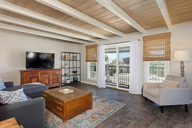 living room with beam ceiling, dark hardwood / wood-style flooring, and wooden ceiling