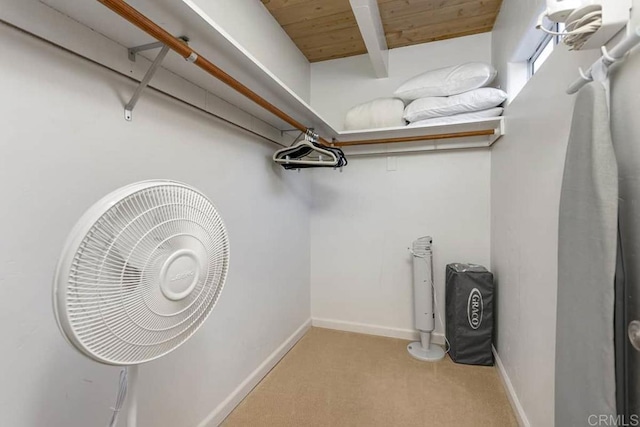 walk in closet featuring beam ceiling and light colored carpet