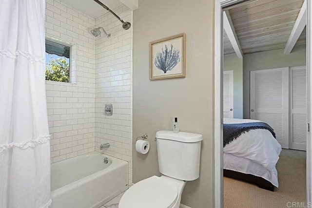 bathroom with toilet, beamed ceiling, shower / bath combination with curtain, and wooden ceiling