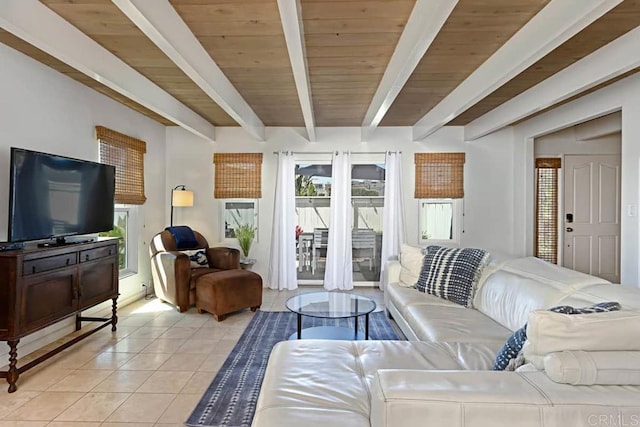 tiled living room featuring beam ceiling and wooden ceiling