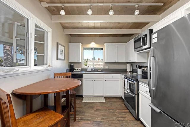 kitchen featuring white cabinetry, appliances with stainless steel finishes, beamed ceiling, and wood ceiling