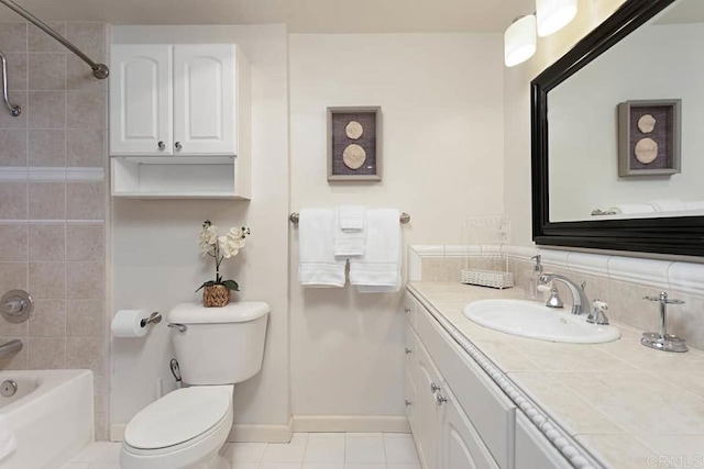 full bathroom with toilet, vanity, tiled shower / bath combo, and tile patterned flooring