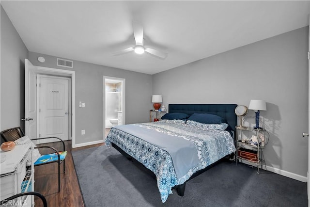 bedroom with connected bathroom and ceiling fan