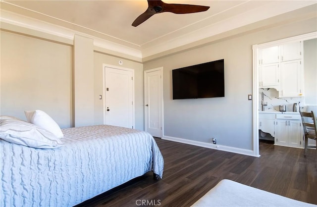 bedroom featuring ceiling fan, crown molding, and dark hardwood / wood-style flooring