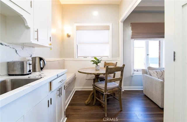 interior space featuring dark hardwood / wood-style flooring and white cabinetry