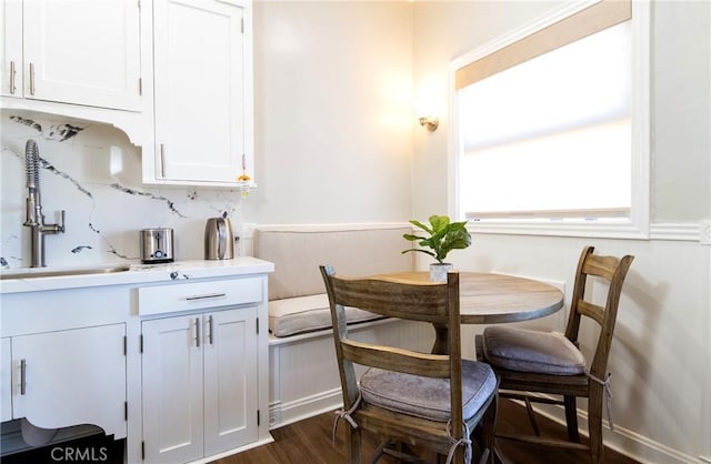 dining space featuring sink and dark wood-type flooring