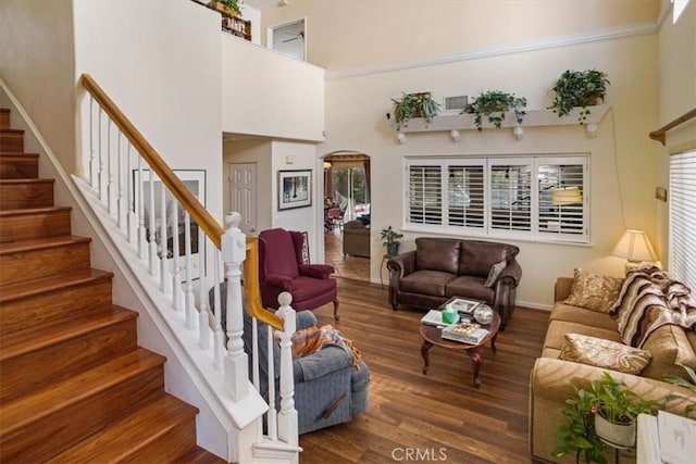 living room featuring a high ceiling and dark hardwood / wood-style floors