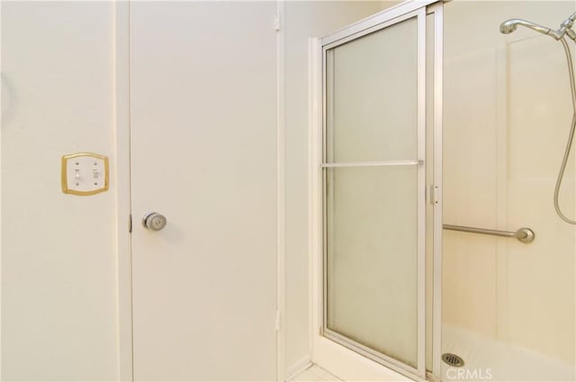 bathroom featuring a shower with shower door