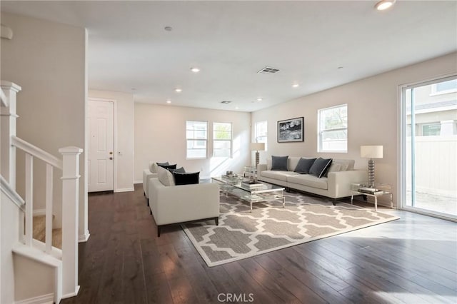 living room featuring dark wood-type flooring