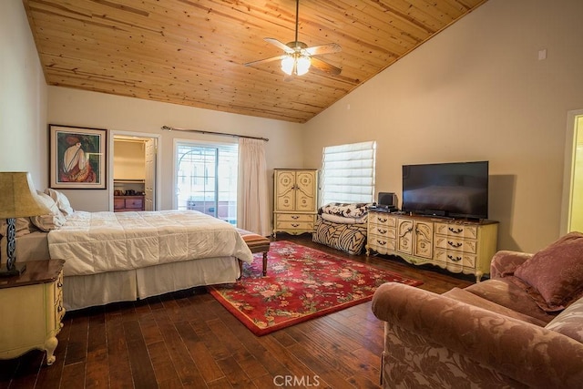 bedroom with ceiling fan, dark hardwood / wood-style floors, wood ceiling, and high vaulted ceiling