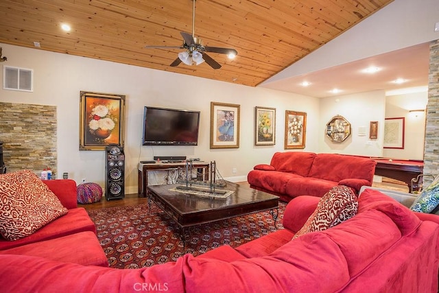 living room with ceiling fan, wooden ceiling, vaulted ceiling, and wood-type flooring