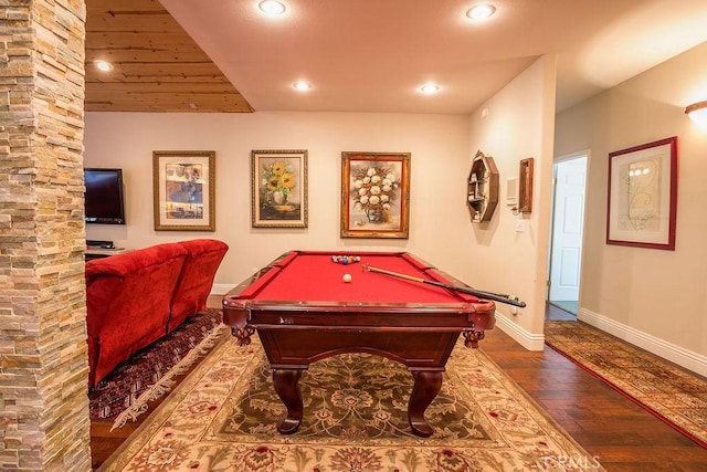 recreation room featuring wooden ceiling, dark hardwood / wood-style floors, and pool table