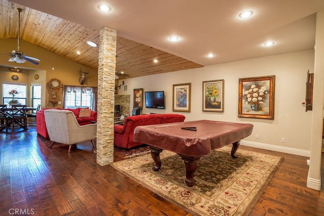 rec room with dark wood-type flooring, decorative columns, ceiling fan, and wooden ceiling