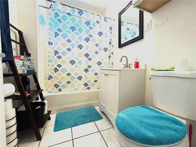 full bathroom featuring toilet, vanity, tile patterned flooring, and shower / tub combo with curtain