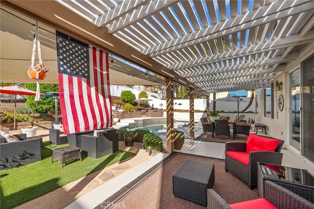 view of patio / terrace with a pergola, a fenced in pool, and an outdoor living space