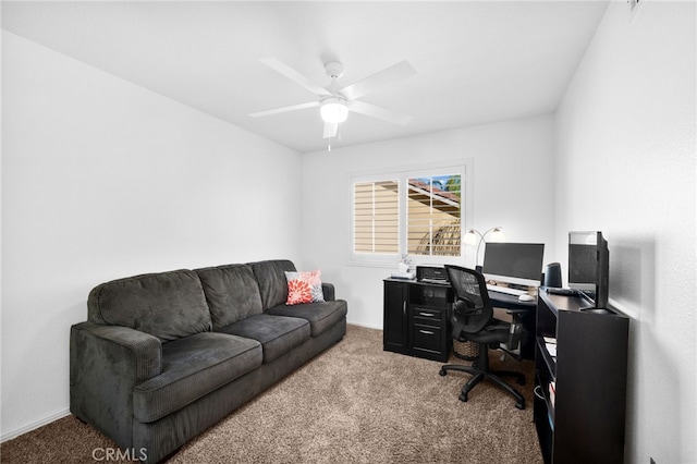 office with ceiling fan and carpet