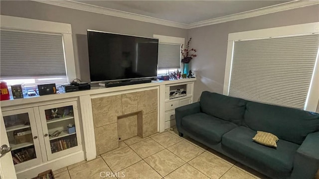 tiled living room with crown molding