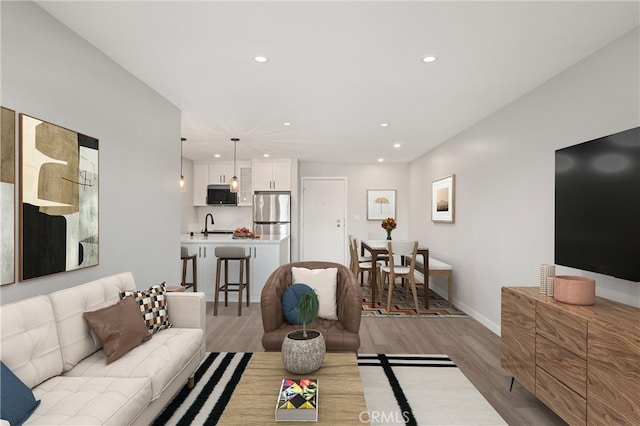 living room featuring light wood-type flooring and sink