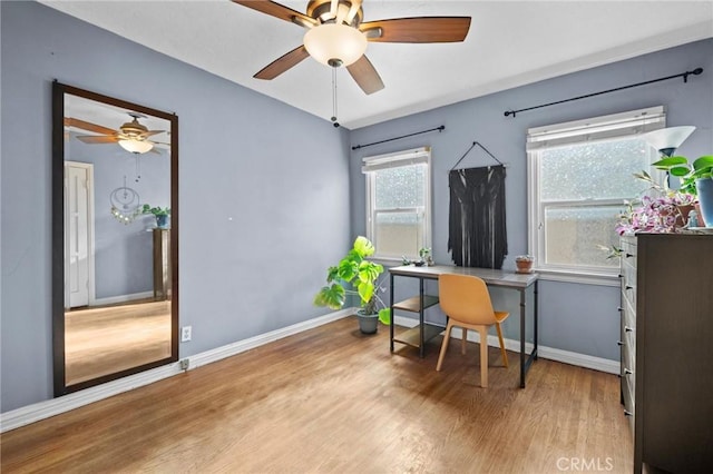 office area with ceiling fan and light wood-type flooring