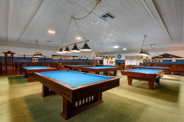 rec room featuring wood walls, carpet, and pool table