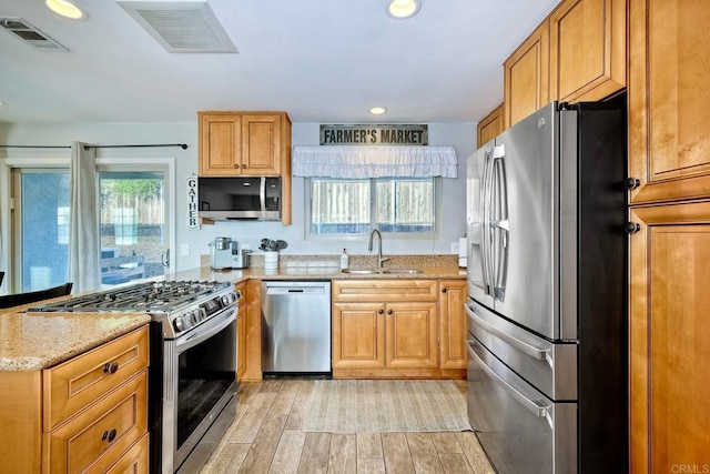 kitchen featuring appliances with stainless steel finishes, light stone counters, a wealth of natural light, and sink