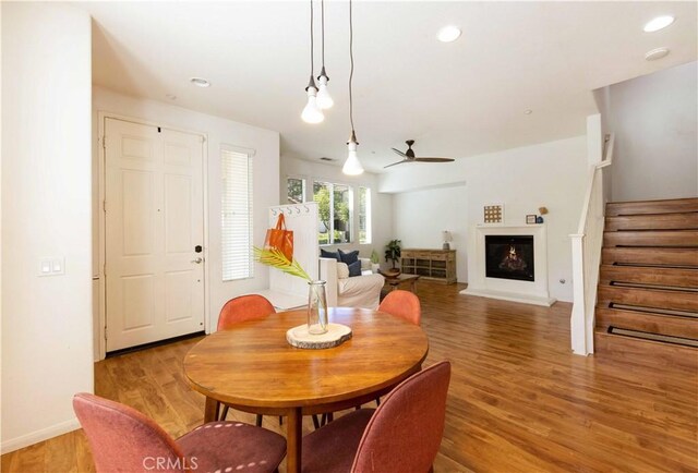 dining space with light hardwood / wood-style flooring and ceiling fan