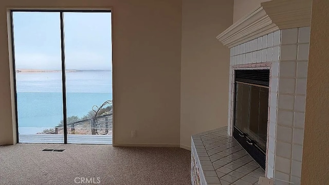 carpeted spare room featuring plenty of natural light and a fireplace