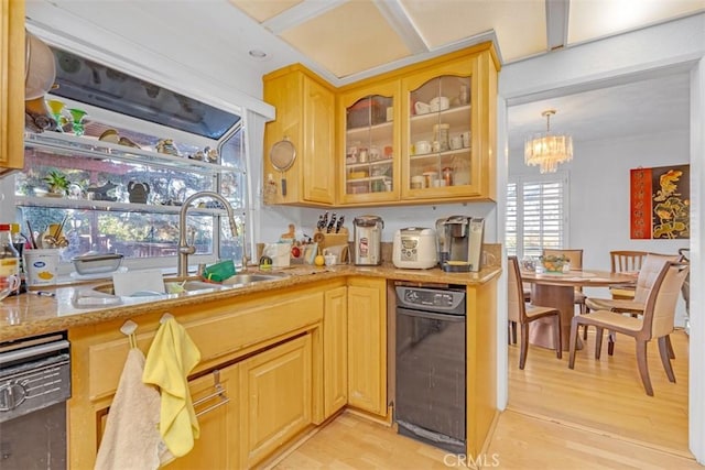 kitchen featuring pendant lighting, dishwasher, light stone countertops, light wood-type flooring, and a chandelier